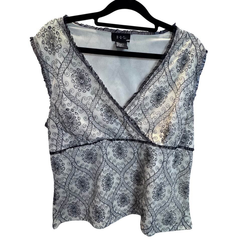 RQT Vintage Y2K Black Cream Embroidered Mesh Cami Ruffle Faux Wrap Tank Top L